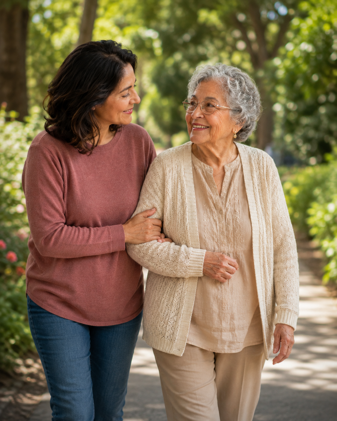 A daughter walking arm in arm with her mother in a garden