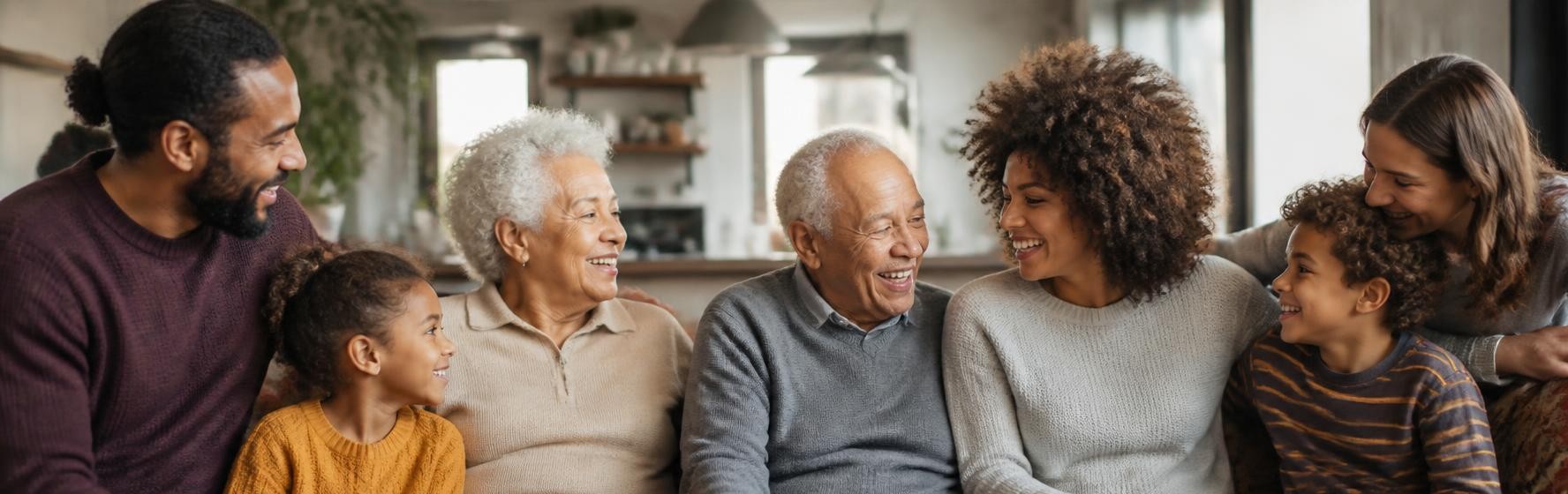 A multi-generational family gathered together, smiling and connected