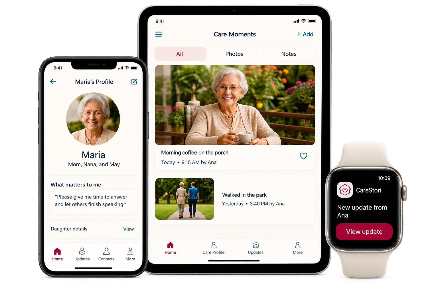 CareStori on a phone and smartwatch: profile, care moments, and updates